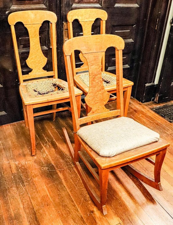 Two Antique Birdseye Maple Chairs and a Rocker