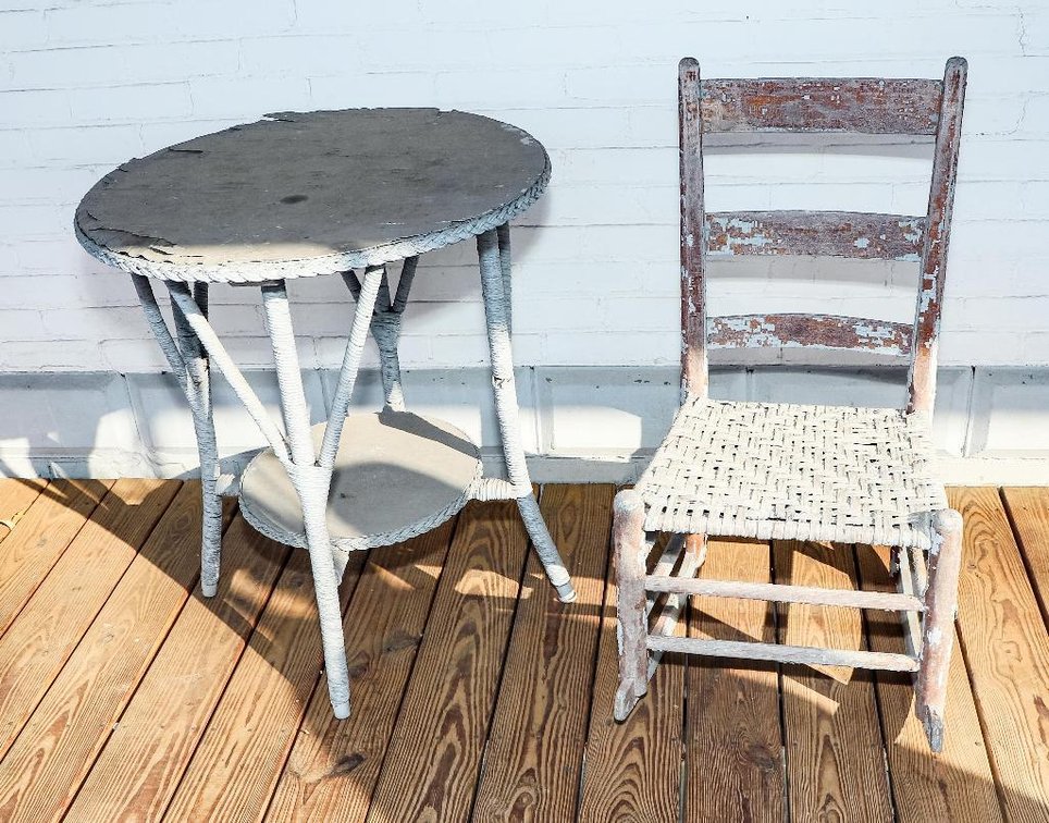 Two Tier Wicker Table and Ladder Back Rocker