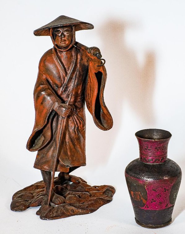 Cast Asian Man Figure and Small Vase