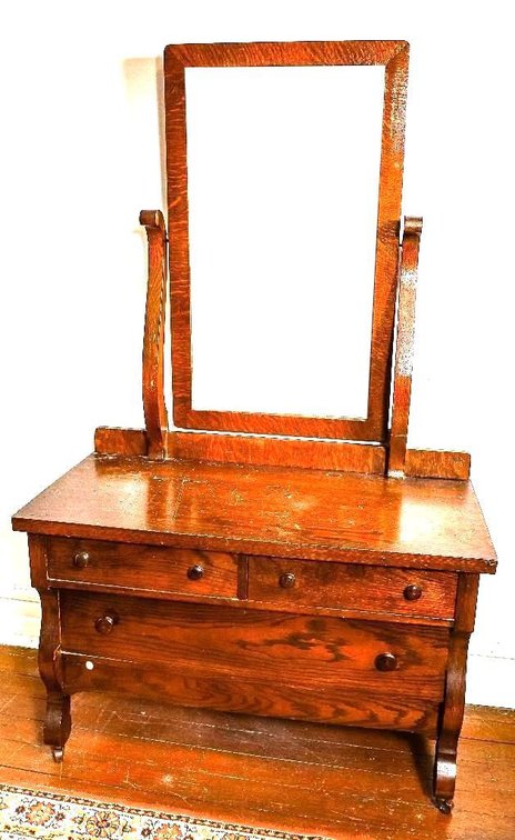 Antique Empire Revival Style Oak Low Boy Dresser with Mirror