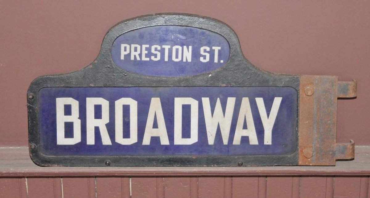 Cast Iron and Porcelain Street Sign for the Corner of Preston St. and Broadway from Joe Ley's Private Collection