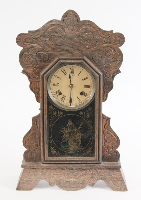 Antique Kitchen Oak Gingerbread New Haven Clock