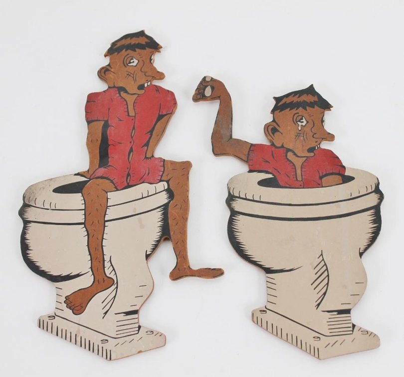 Masonite Cut-Outs of a Man Going Down the Toilet from Joe Ley's Private Collection
