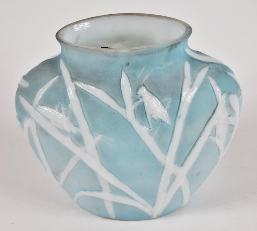 Circa 1940's Phoenix Consolidated Glass Vase in Grasshopper Theme