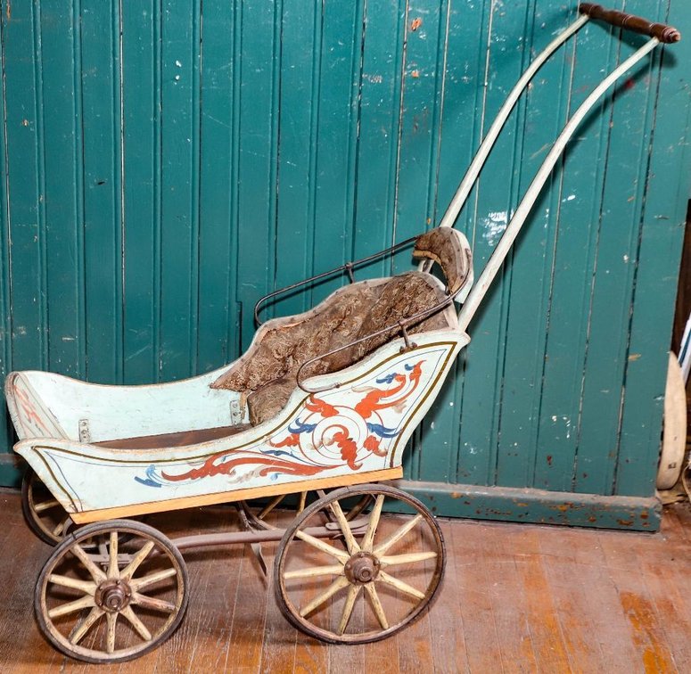 Antique Child's Stroller with Hand painted Wood Body