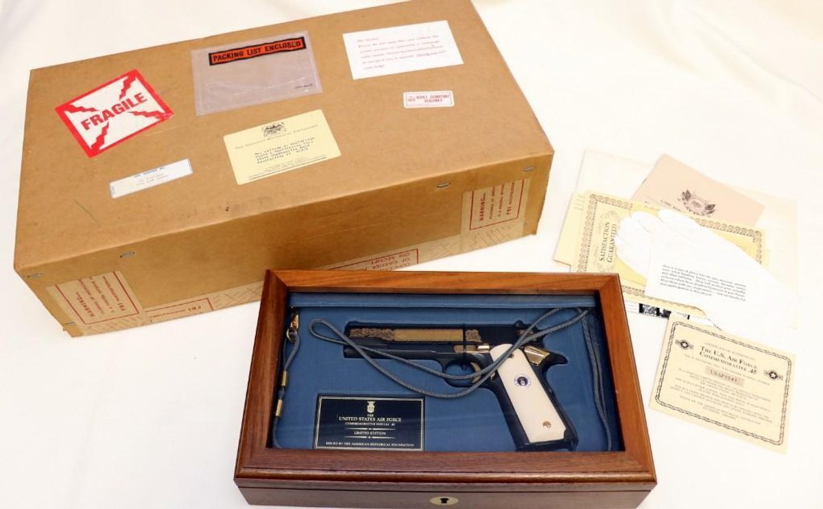 The U.S. Air Force Commemorative M1911A1 .45 cal pistol in display case