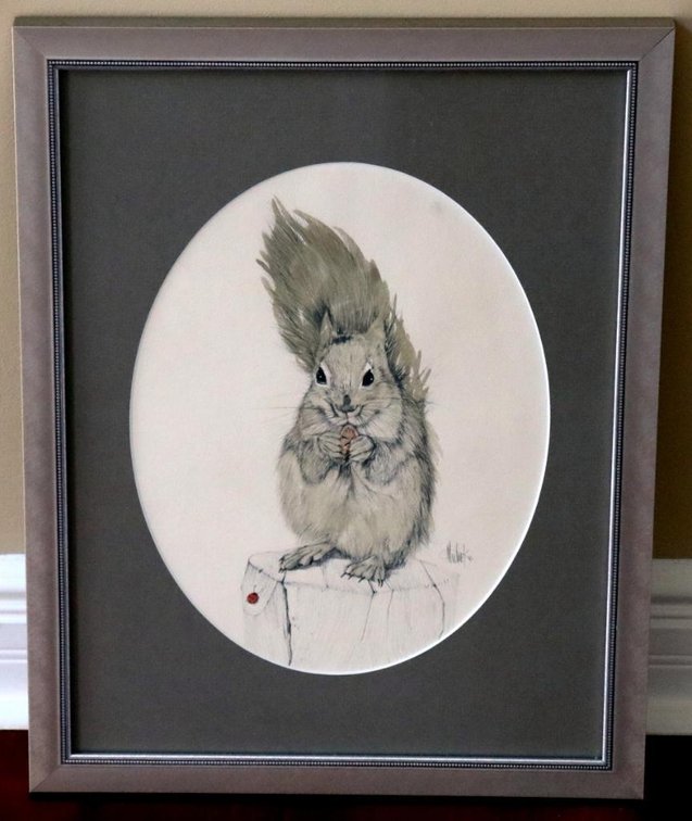 Pencil and watercolor original of squirrel by Margaret M. Michel
