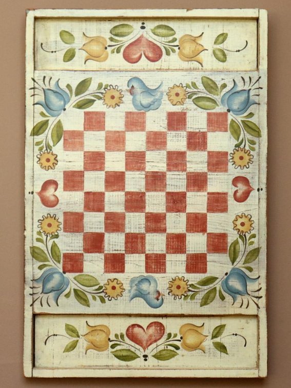 Hand painted checkerboard with birds