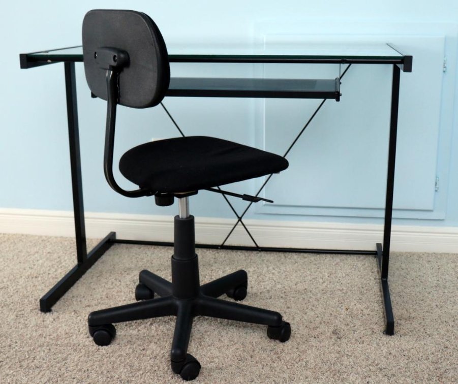 Metal and glass computer desk with chair