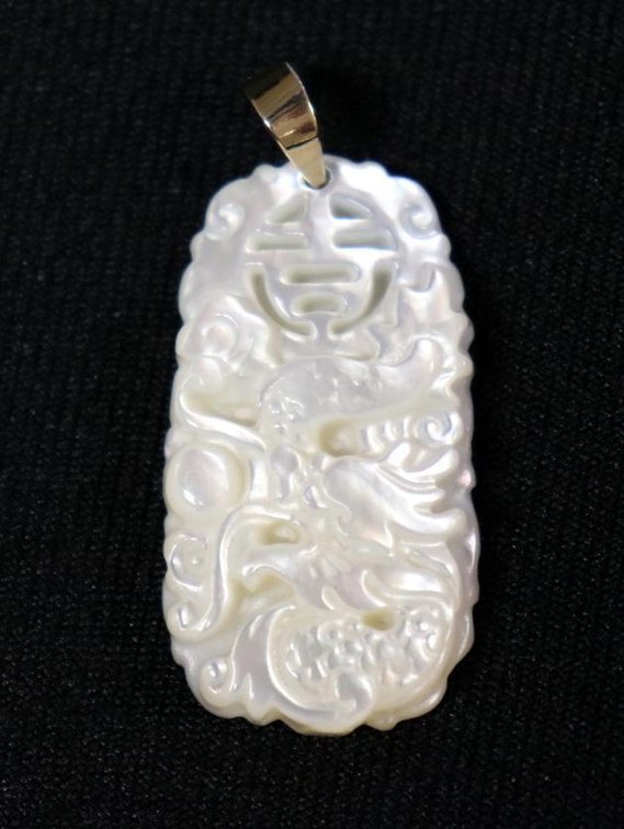 Mother of Pearl dragon pendant with 14k gold bail