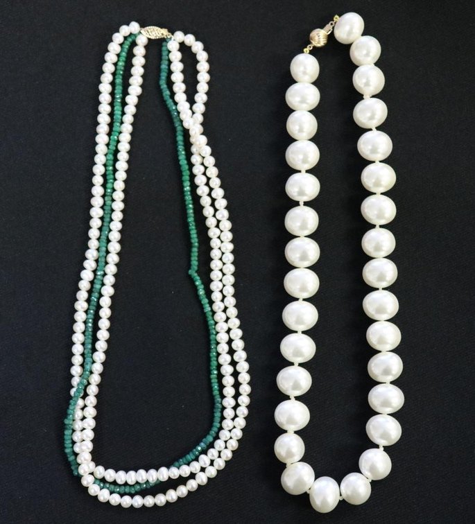 Pearl and emerald 3-layer necklace and Mother of Pearl necklace with 14k gold clasps