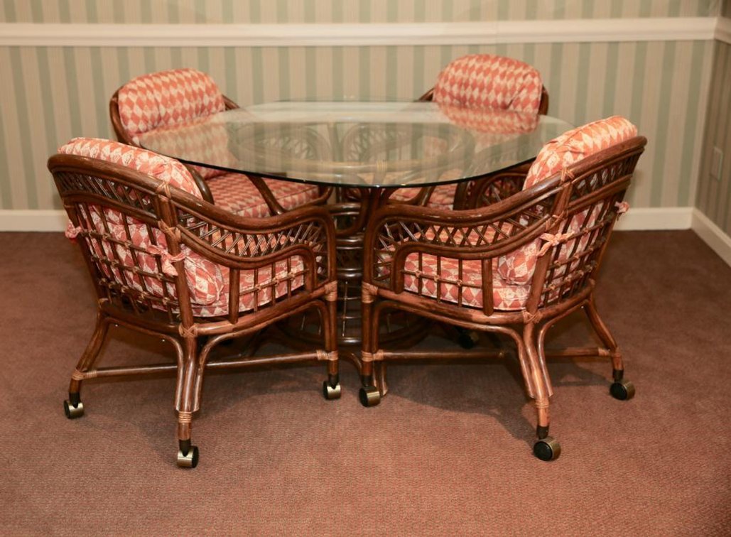 Bentwood and Glass Top Table with Matching Rolling Chairs