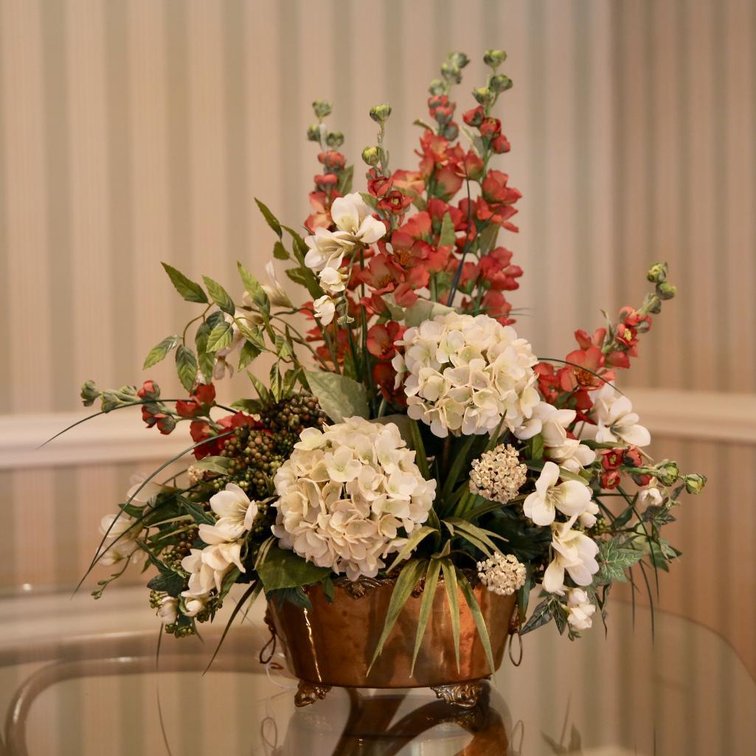 Footed Metal Planter with Floral Arrangement