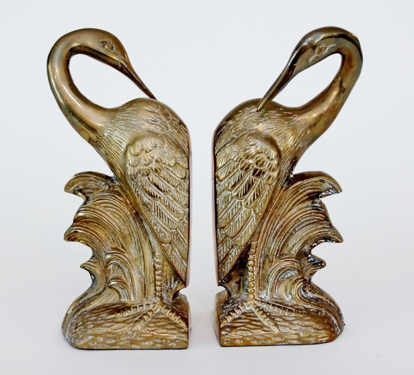 (2) Brass Crane Bookends
