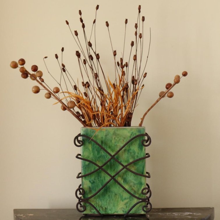 Green Vase in Metal Base