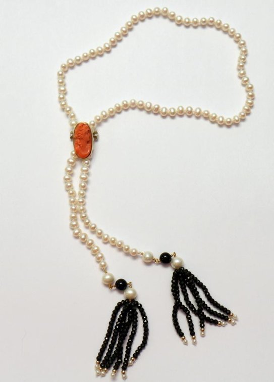 14K gold cameo pearl enhancer on pearl strand