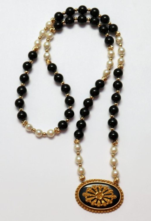 14K gold, onyx, and pearl necklace with 14K Antique Victorian pendant