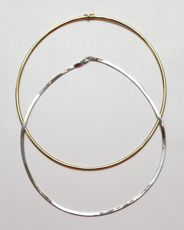 14K Omega style choker and 10K white/yellow gold reversible herringbone style choker