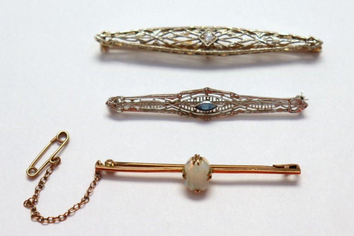 3 bar pins in 14K, 10K, and 9K