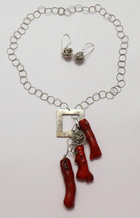 Sterling Silver designer made necklace with coral and earrings