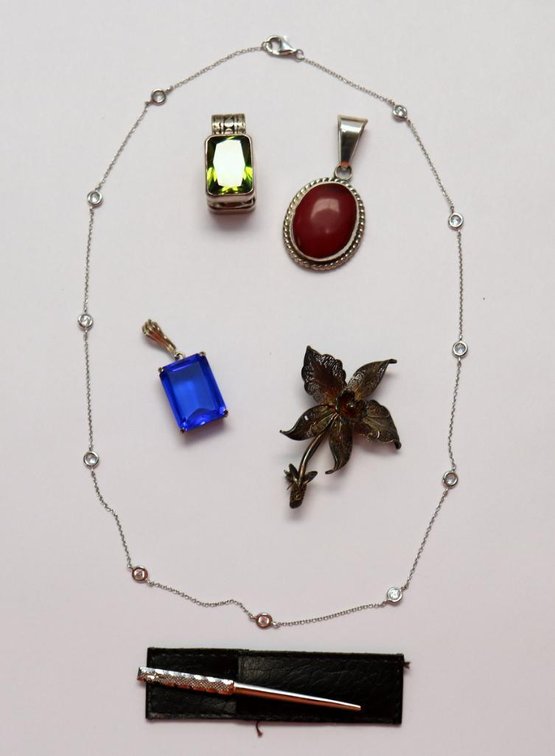 Lot of Sterling Silver pieces including Mexican Sterling and Coral Pendant