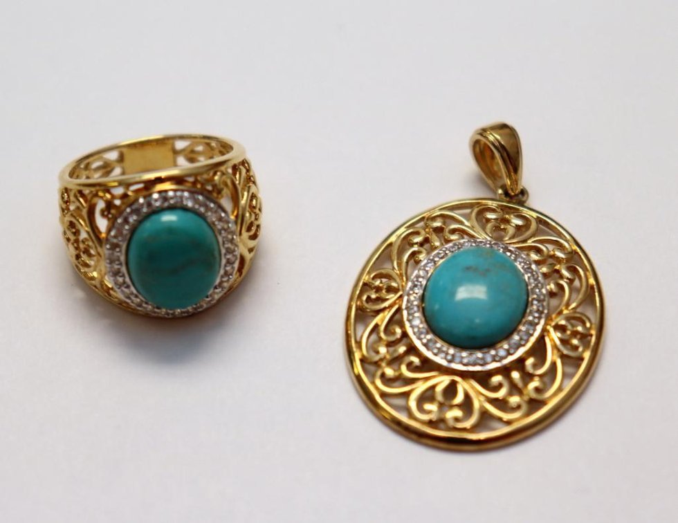 RJ Simmons Sterling Silver pendant and matching ring with turquoise and CZ