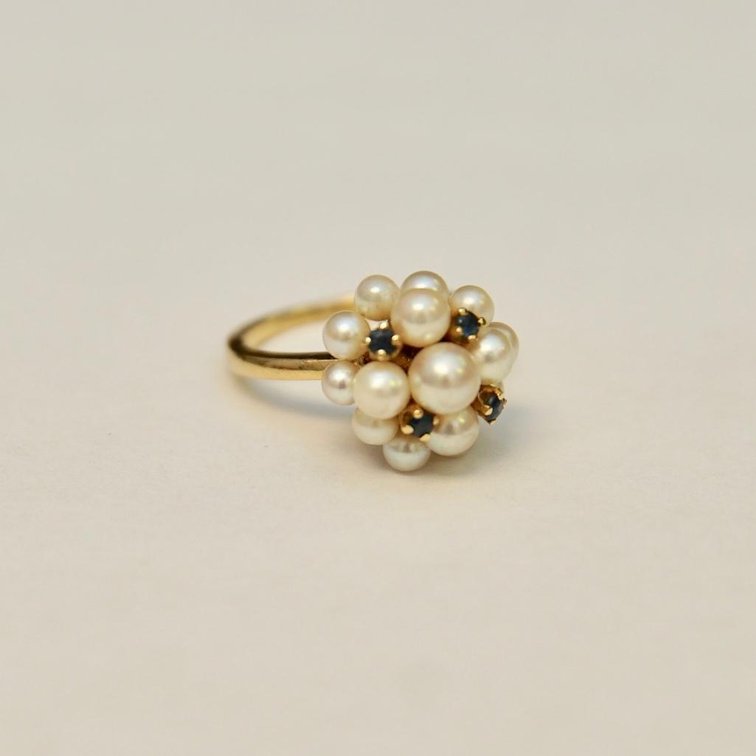 14k Gold Pearl and Sapphire Ring