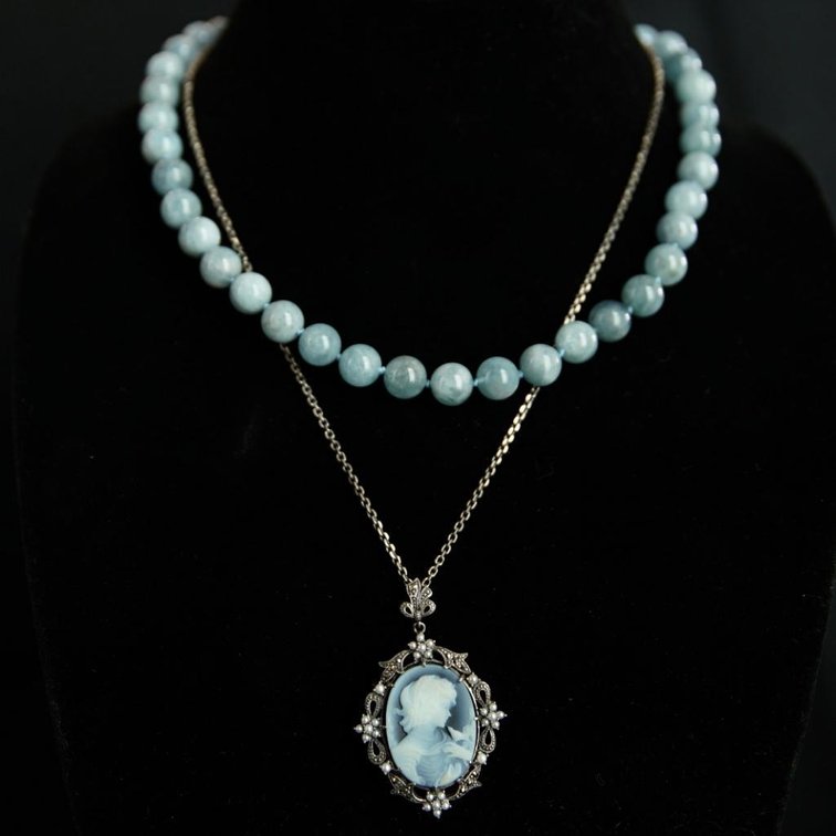Sterling Cameo Necklace and Aquamarine Necklace