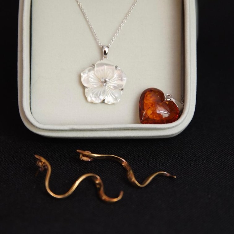 Amber Pendant, Mother of Pearl Necklace, Sterling Earrings