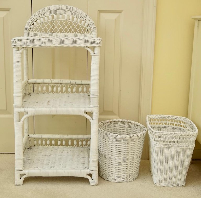 White Wicker Stand and Baskets