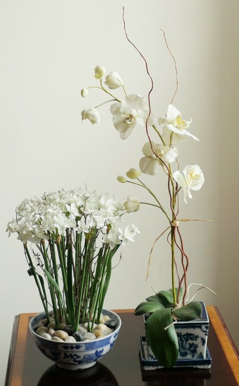 Two Faux Flower Arrangements in Ceramic Planters