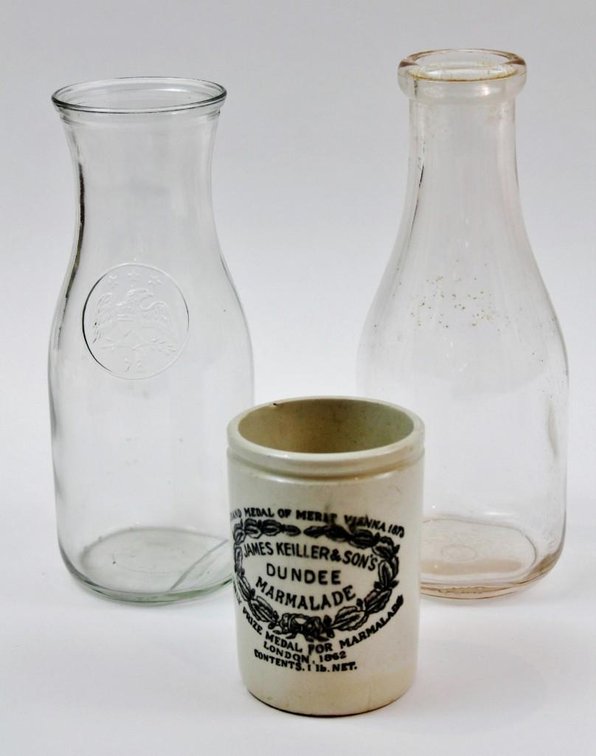 Stoneware Pot and Milk Bottles