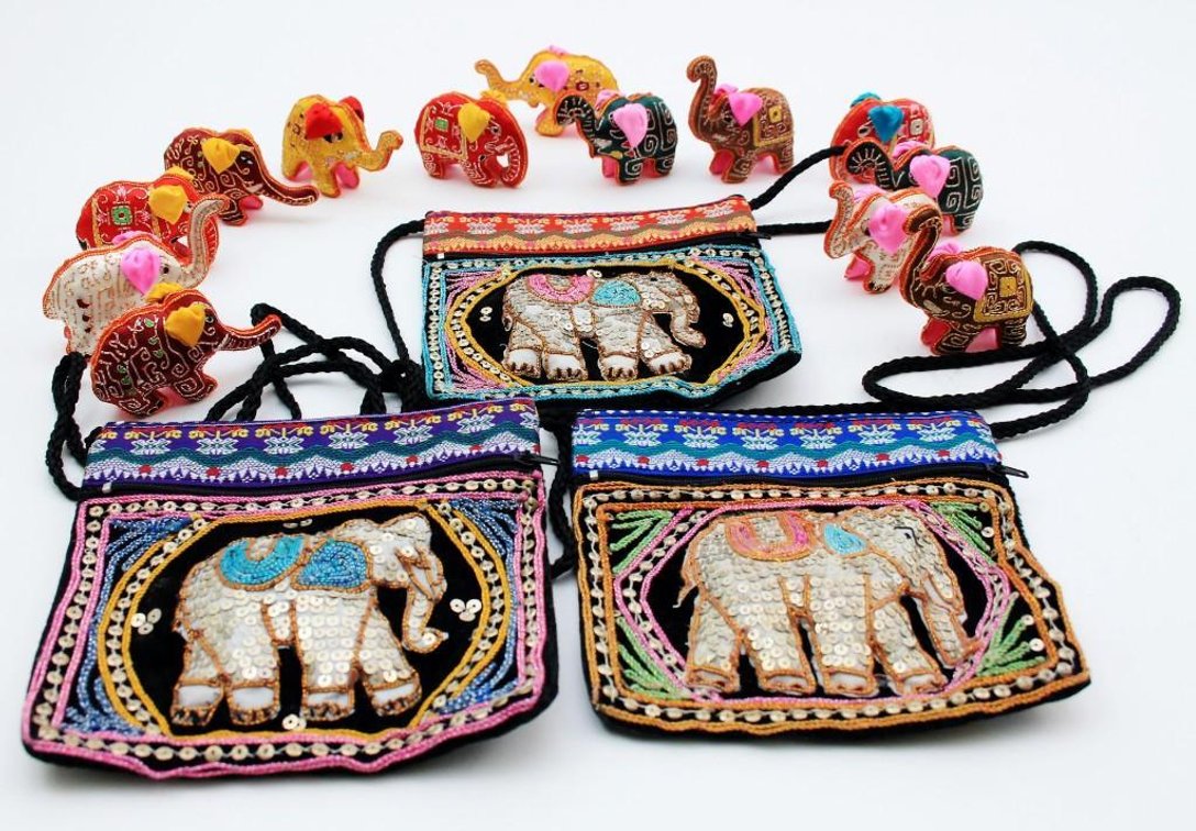 Elephant Themed Beaded Bags and Figurines