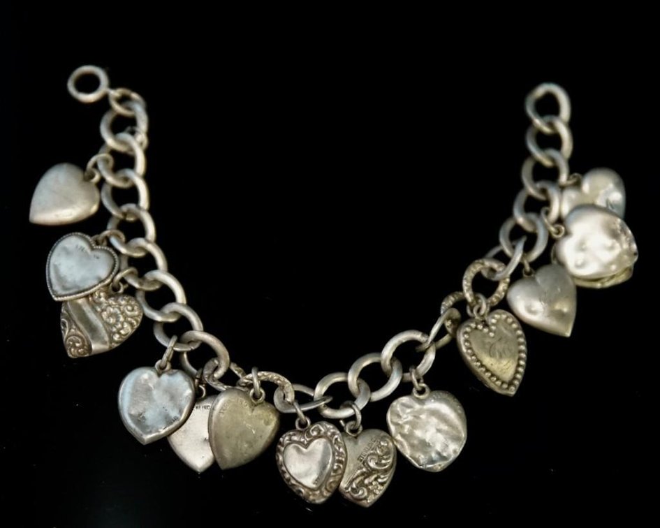 Sterling Victorian Puffy Heart Charm Bracelet