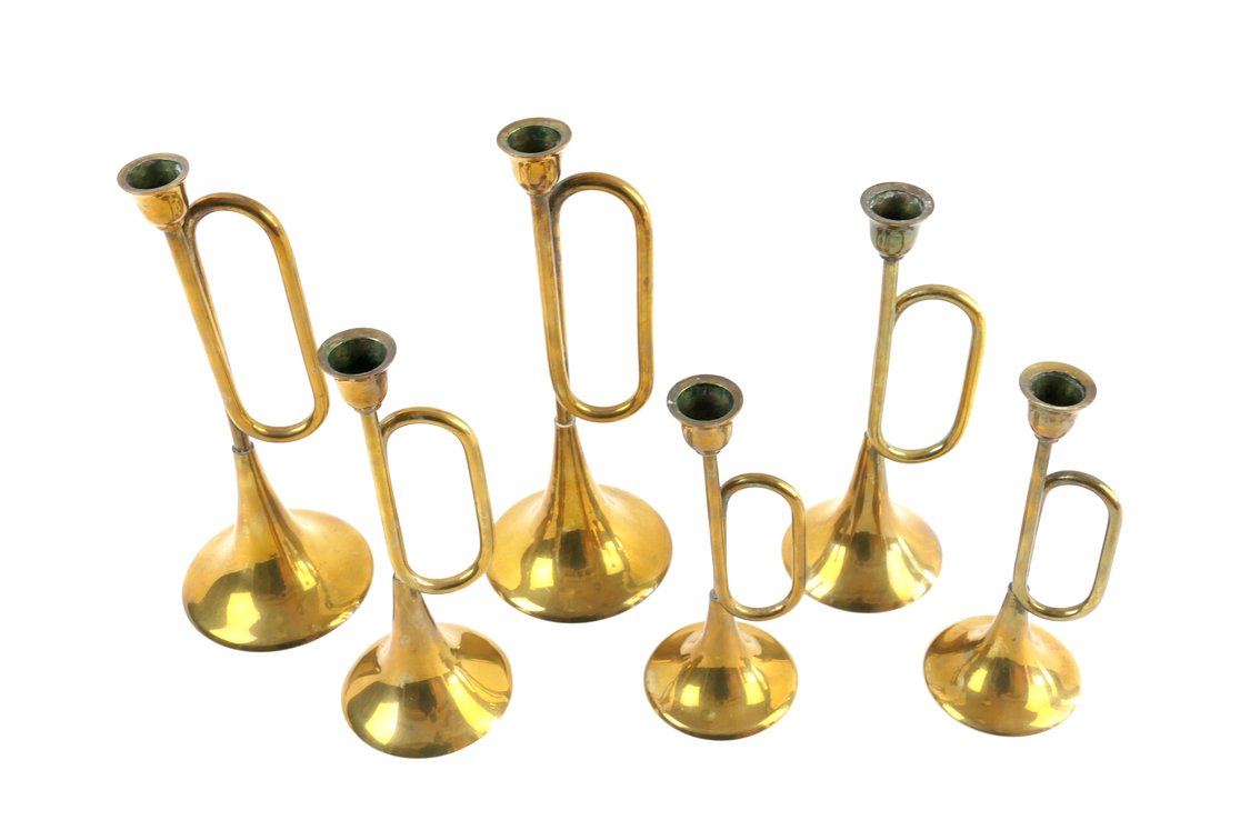 Six Brass Horn Candlesticks