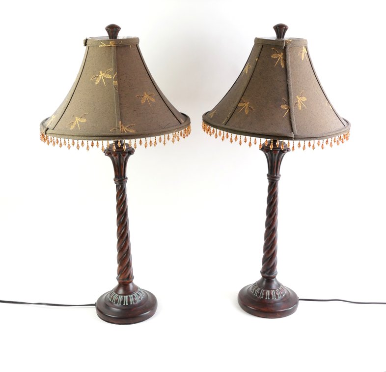 Pair of Table Lamps with Dragonfly Motif Shades