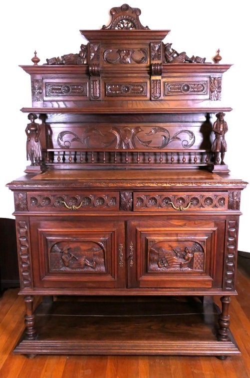 Antique French Oak Buffet with Carved Couple