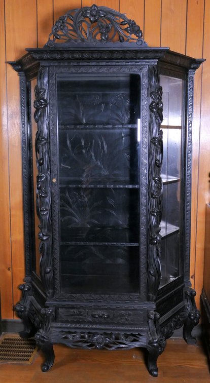 Antique Ebony Finish Carved Leaf China Cabinet