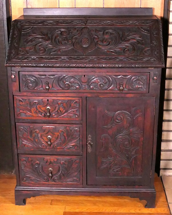 Antique Carved Drop Front Writing Desk