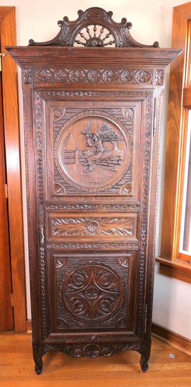 Antique French Oak Cupboard Cabinet with Musician Paneled Door