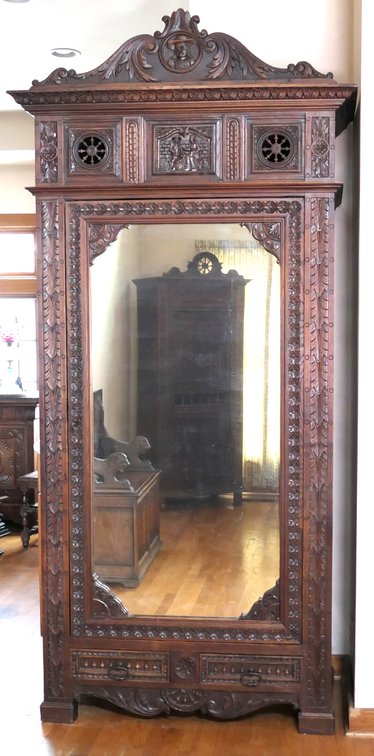 Antique French Oak Armoire with Figures and Ship's Wheel