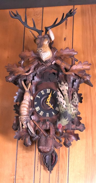 German Black Forest Clock with Deer Pediment