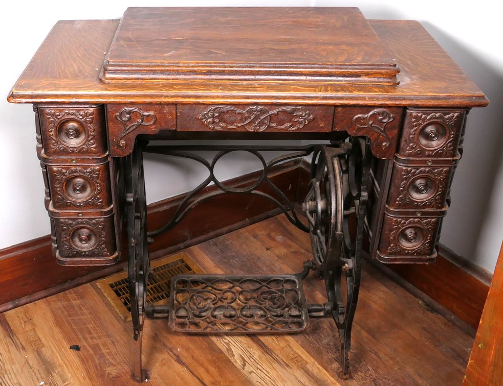 Tiger Oak Veneer Iron Base Sewing Machine Cabinet