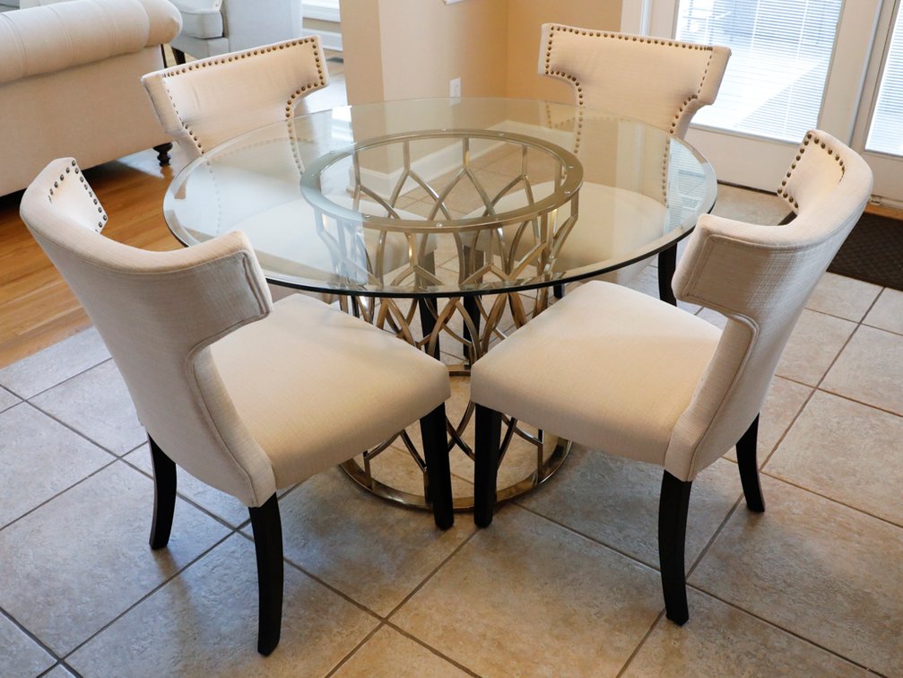 Round Beveled Glass Table with Four Contoured Back Chairs