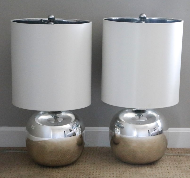 Pair of Chrome Table Lamps with White Satin Shades