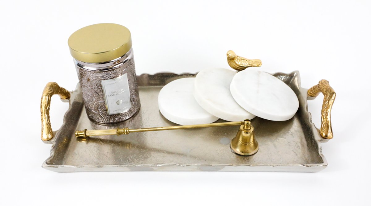 Metal Serving Tray with Bird Perched on Side