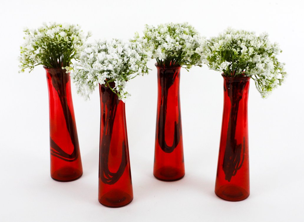 Four Slim Red Glass Vases