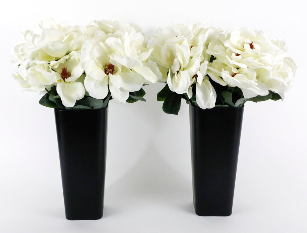 Pair of Tall Black Metal Vases with Faux Magnolia Flowers