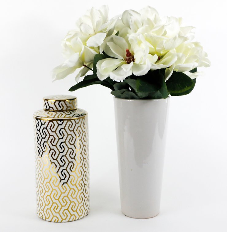 Vase with Flowers and Lidded Geometric Urn