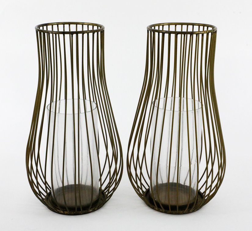Two Bronze Tone Wire Cage Candle Holders